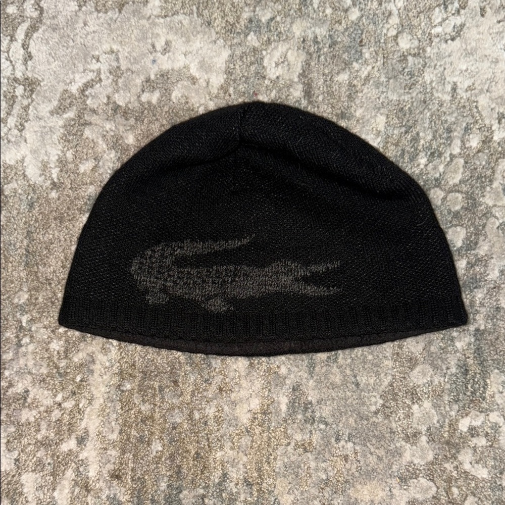 Lacoste Black Knit Hat with Tonal Crocodile Logo